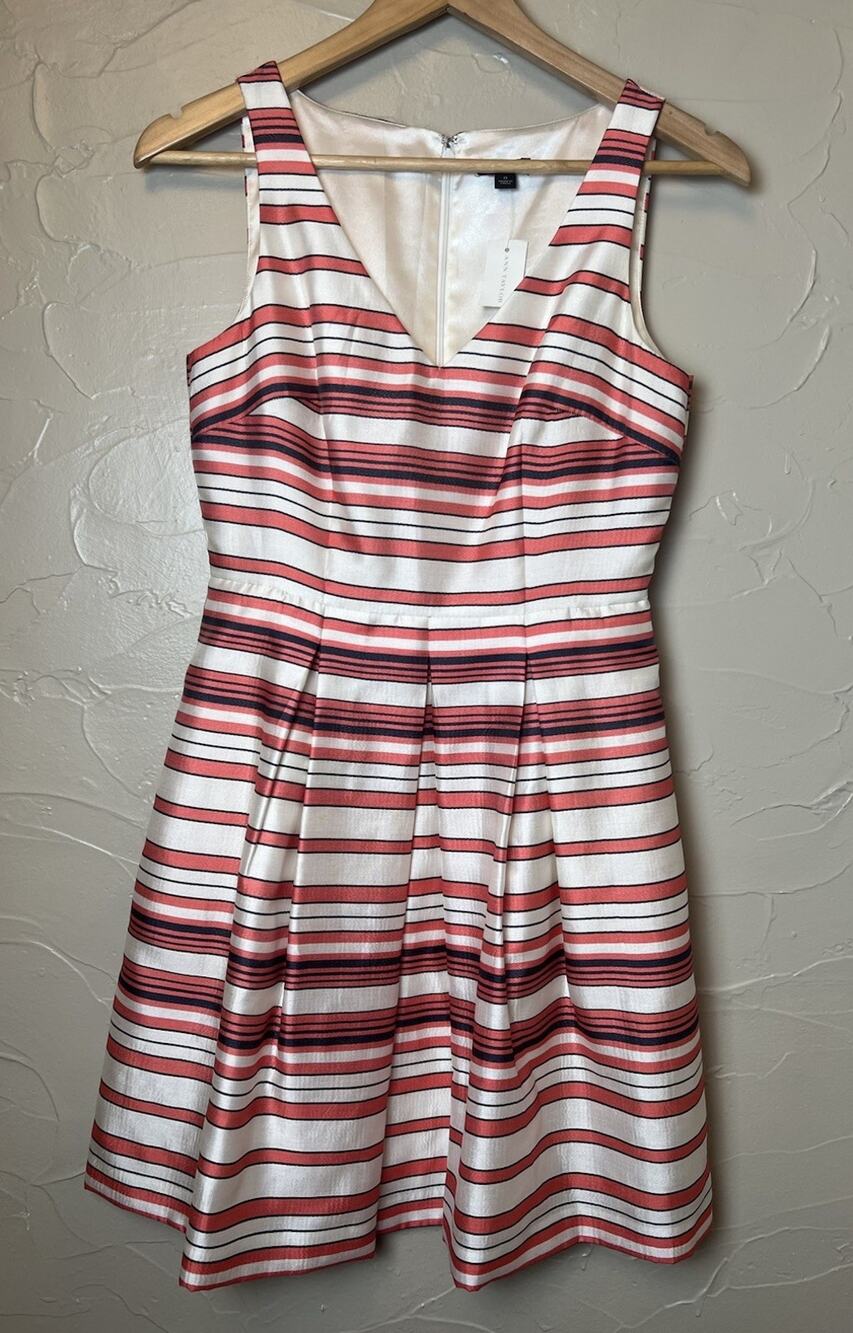 NWT Ann Taylor Coral Pink Navy Stripe Cocktail Dress Women’s Size 0 Classic